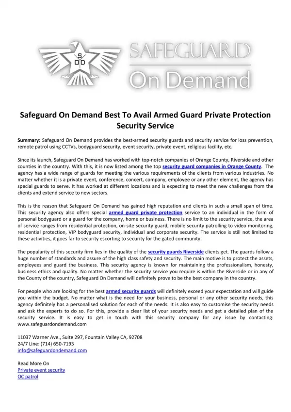 Safeguard On Demand Best To Avail Armed Guard Private Protection Security Service