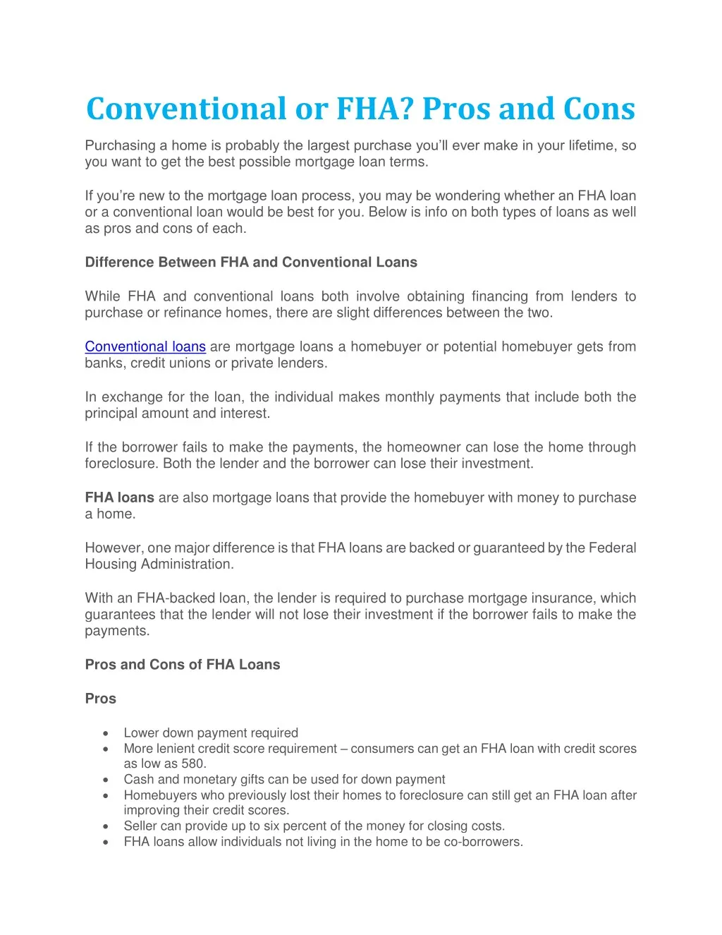 conventional or fha pros and cons