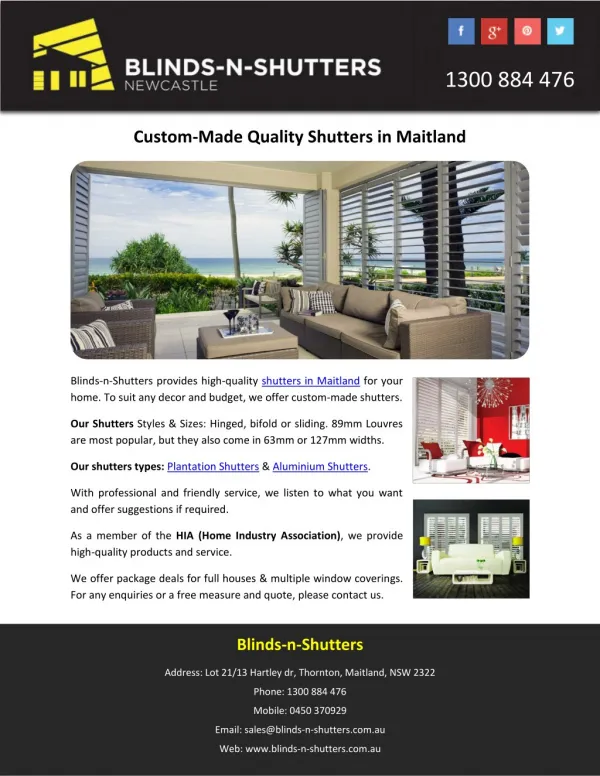 Custom-Made Quality Shutters in Maitland