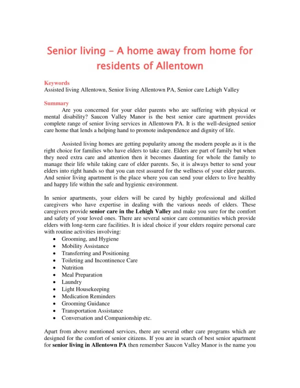 Senior living â€“ A home away from home for residents of Allentown