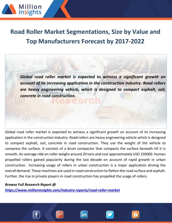 Road Roller Market Segmentations, Size by Value and Top Manufacturers Forecast by 2017-2022