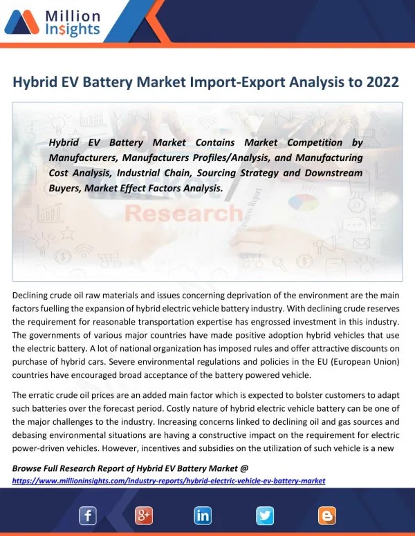 Hybrid EV Battery Market Growth rate, Volume From 2017-2022
