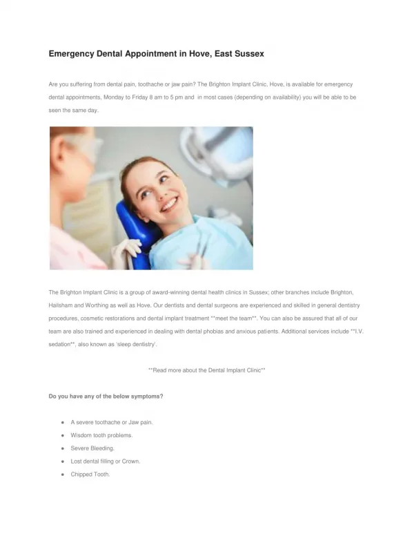 Emergency Dental Appointment In Hove , East Sussex