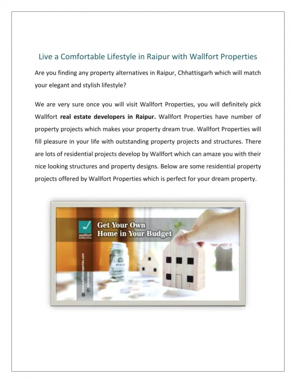 Live a Comfortable Lifestyle in Raipur with Wallfort Properties