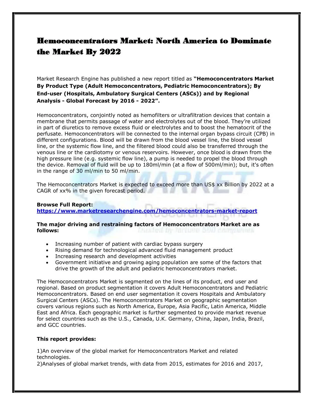 hemoconcentrators market north america