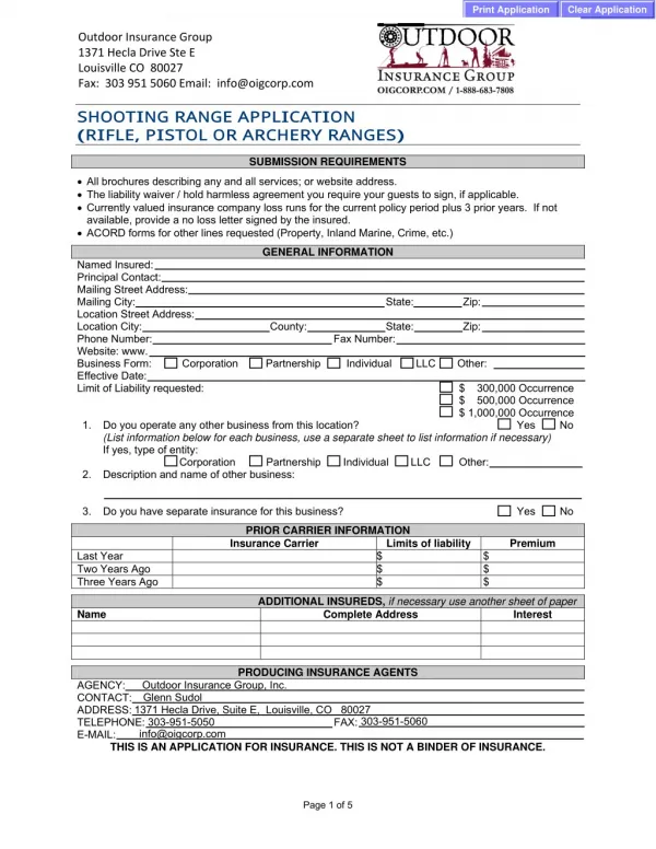 Shooting range Application form of OIG Corporation USA