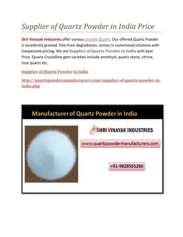 Supplier of Quartz Powder in India Price