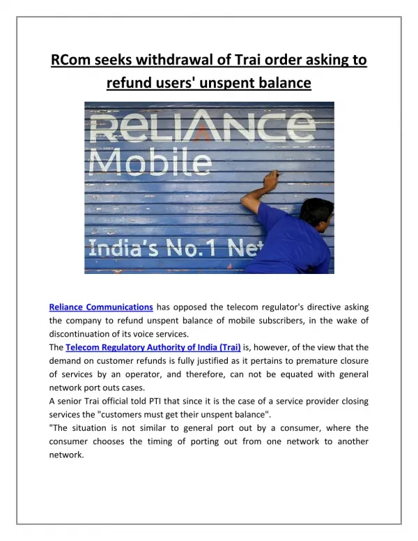 Rcom seeks withdrawal of trai order asking to refund users' unspent balance