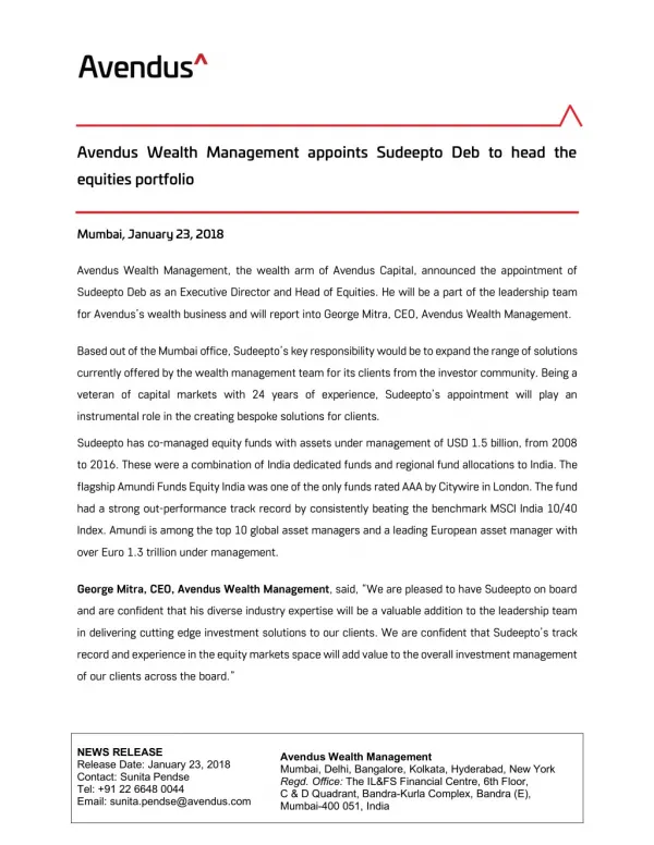 Avendus Wealth Management appoints Sudeepto Deb to head the equities portfolio