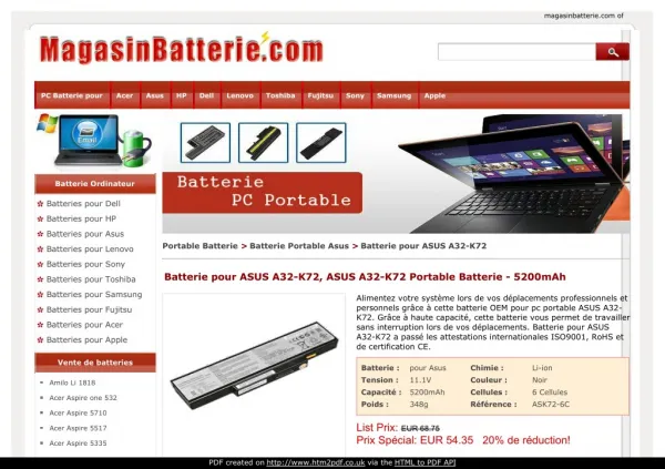 Batterie pour ASUS A32-K72, ASUS A32-K72 Portable Batterie
