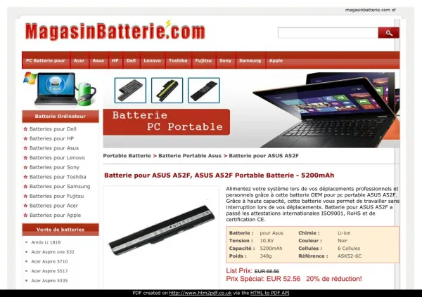 Batterie pour ASUS A52F, ASUS A52F Portable Batterie