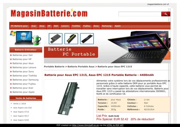 Batterie pour Asus EPC 1215, Asus EPC 1215 Portable Batterie