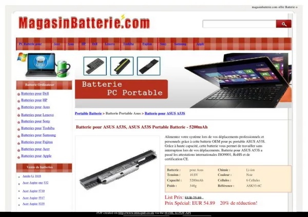 Batterie pour ASUS A53S, ASUS A53S Portable Batterie