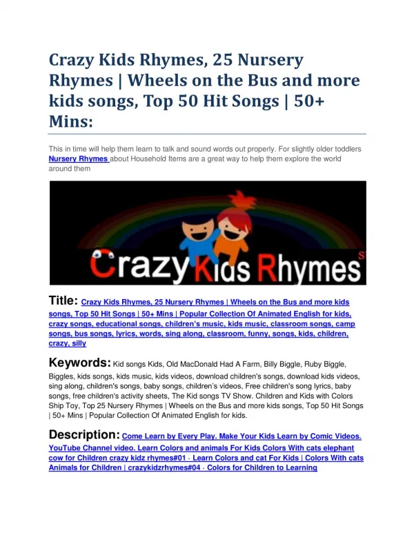 Crazy Kids Rhymes, 25 Nursery Rhymes | Wheels on the Bus and more kids songs, Top 50 Hit Songs | 50 Mins: