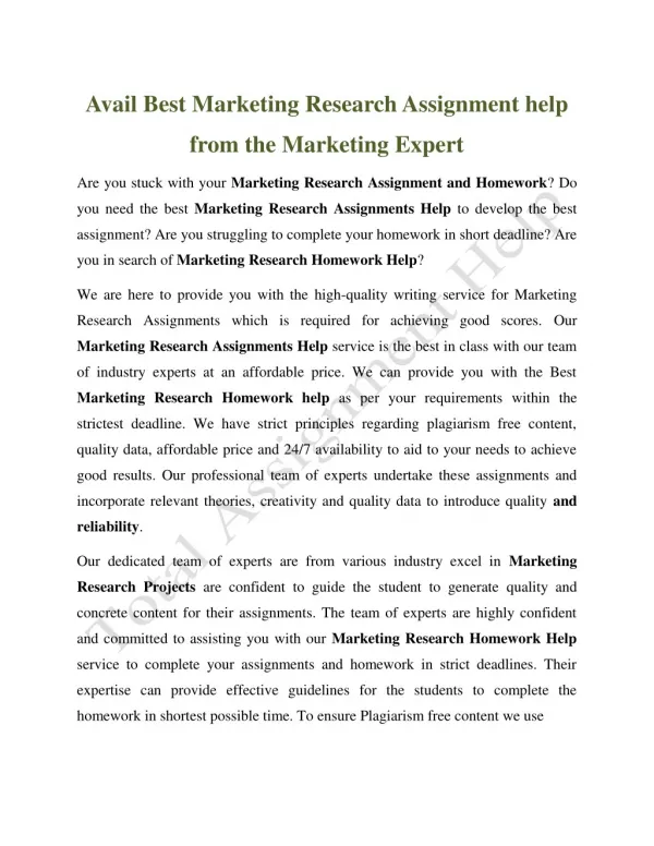 Avail Best Marketing Research Assignment help from the Marketing Expert