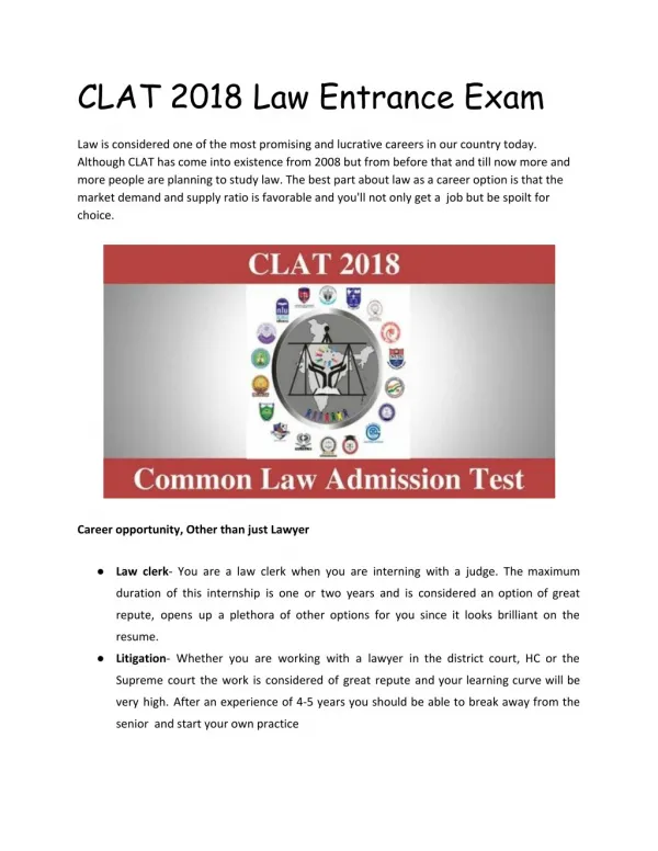 CLAT Law Entrance Exam 2018 Details (www.clearlawentrance.com)