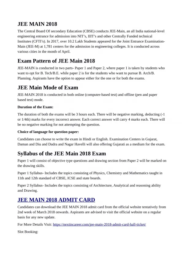 JEE Main 2018 Admit Card / Hall Ticket