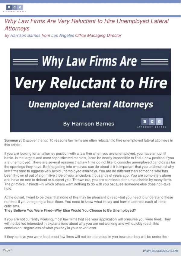 Why Law Firms Are Very Reluctant to Hire Unemployed Lateral Attorneys