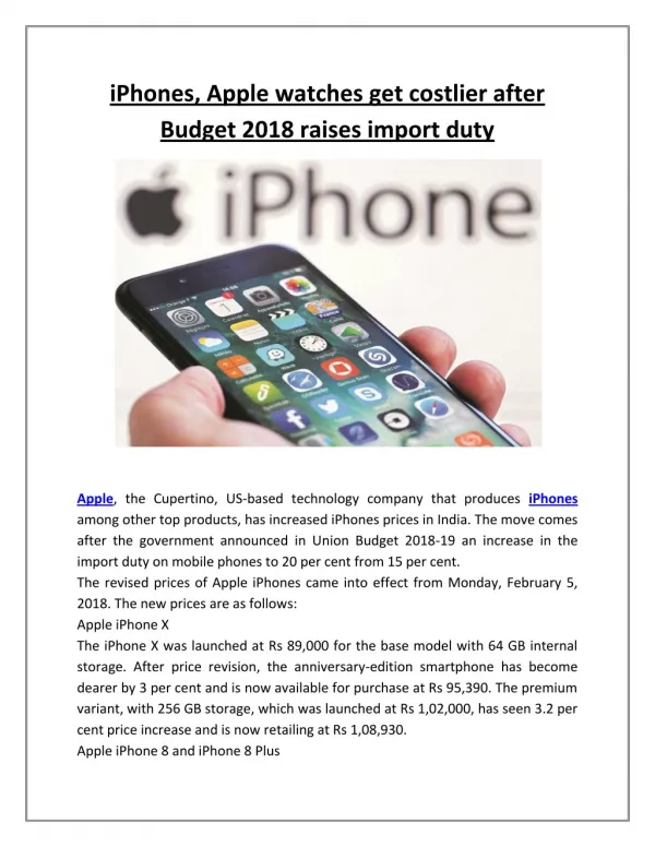Iphones, apple watches get costlier after budget 2018 raises import duty