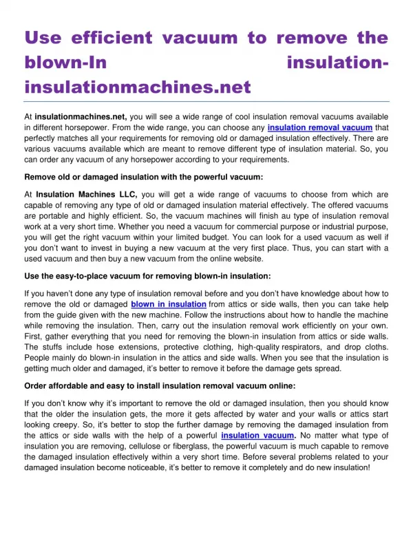 Use efficient vacuum to remove the blown-In insulation insulationmachines.net