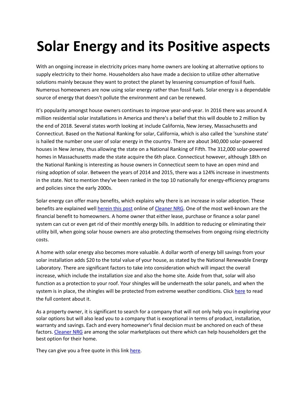 solar energy and its positive aspects