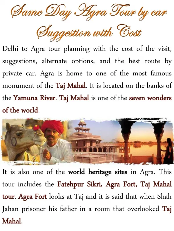 Same Day Agra Tour by car Suggestion with Cost