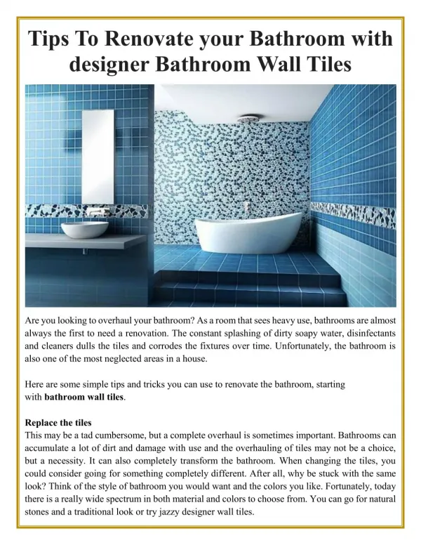 Tips To Renovate your Bathroom with designer Bathroom Wall Tiles