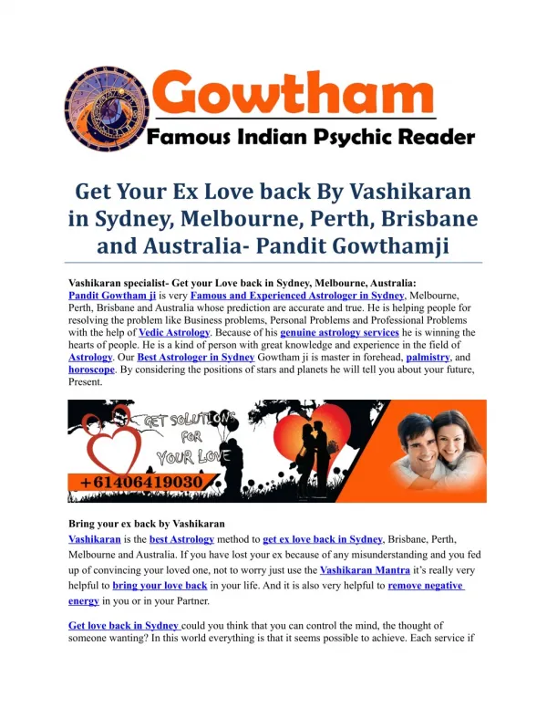 Get Your Ex Love back By Vashikaran in Sydney, Melbourne, Perth, Brisbane and Australia- Pandit Gowthamji