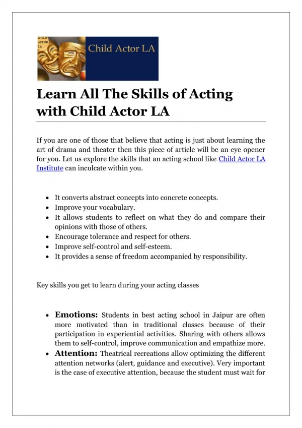 Learn All The Skills of Acting with Child Actor LA