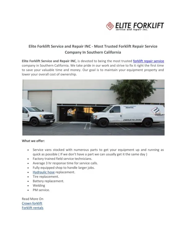 Elite Forklift Service and Repair INC - Most Trusted Forklift Repair Service Company In Southern California