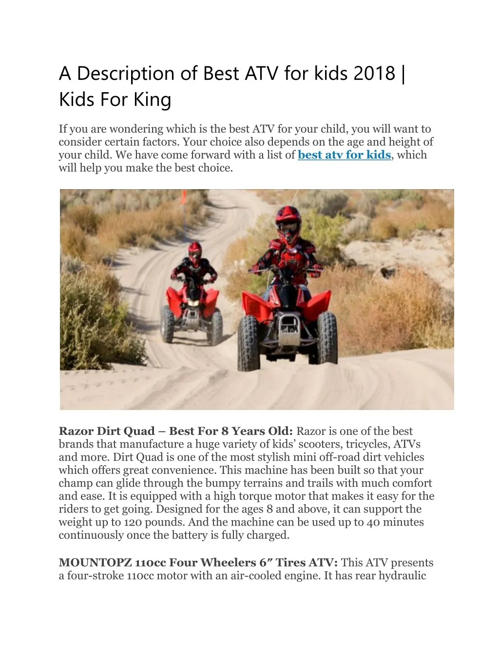 a description of best atv for kids 2018 kids