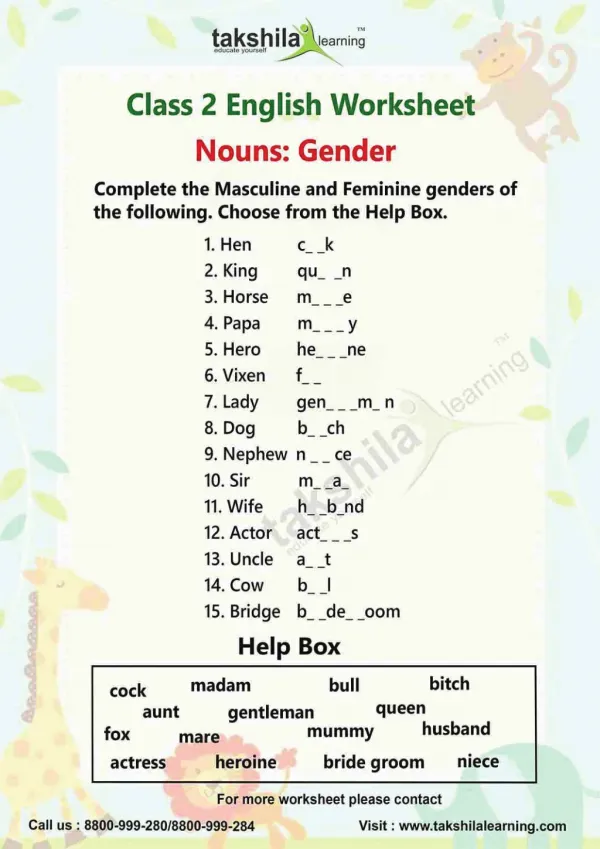Download Worksheets for Class 2 English- Nouns:Gender-Takshilalearning