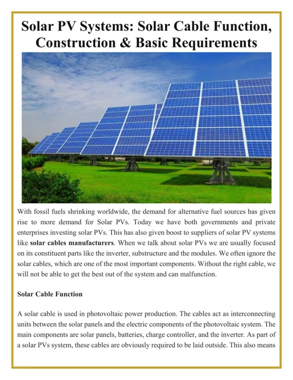 Solar PV Systems: Solar Cable Function, Construction & Basic Requirements