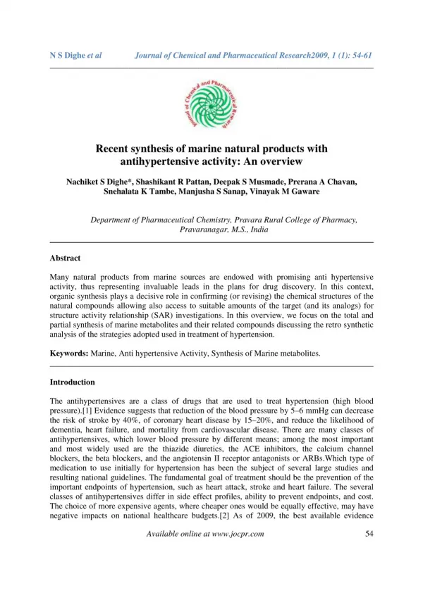 Recent synthesis of marine natural products with antihypertensive activity: An overview