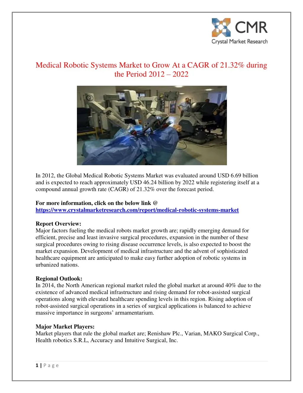 medical robotic systems market to grow at a cagr