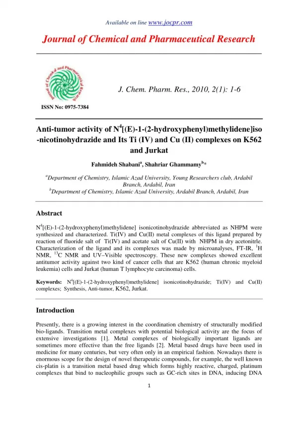 Anti-tumor activity of N4[(E)-1-(2-hydroxyphenyl)methylidene]iso-nicotinohydrazide and Its Ti (IV) and Cu (II) complexes