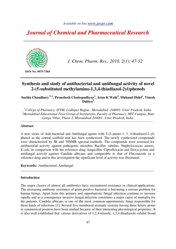 Synthesis and study of antibacterial and antifungal activity of novel 2-(5-substituted methylamino-1,3,4-thiadiazol-2yl)