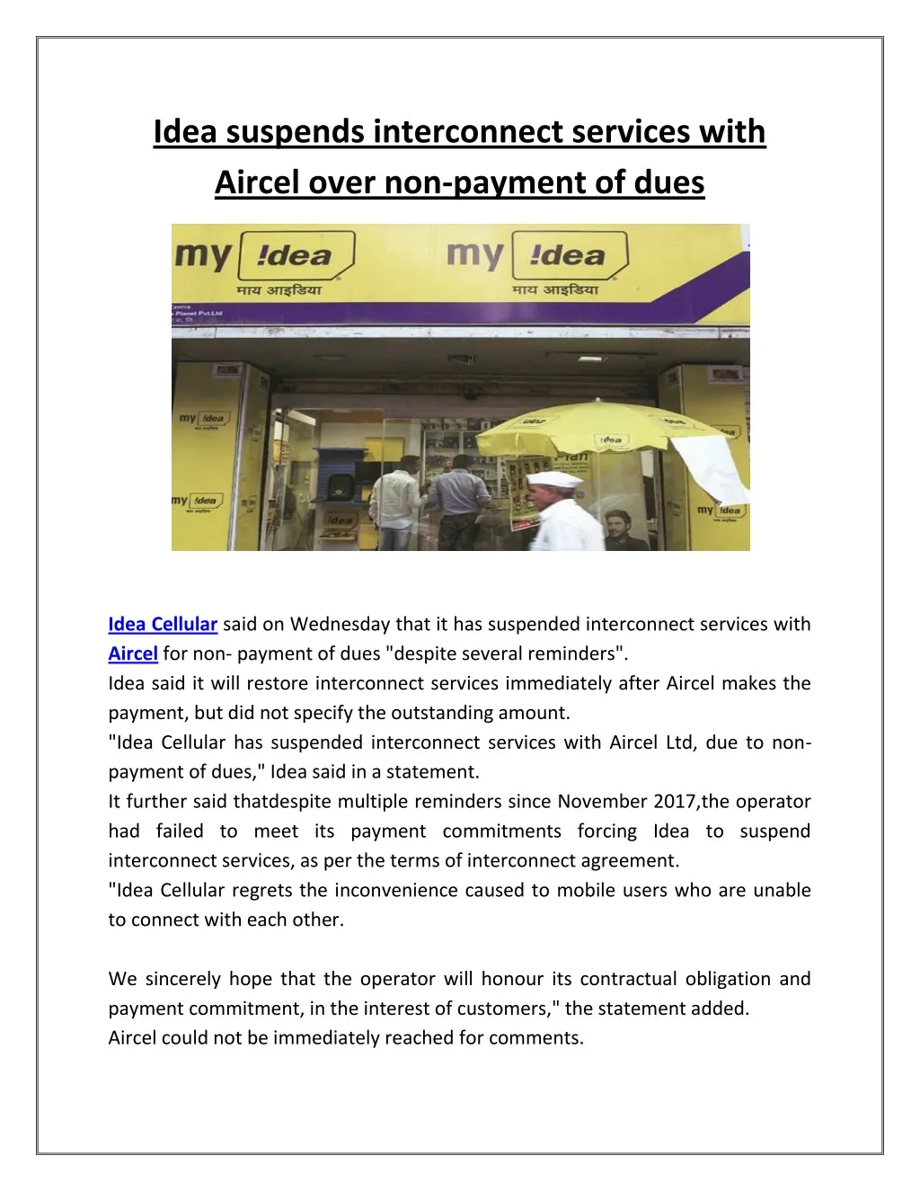 idea suspends interconnect services with aircel