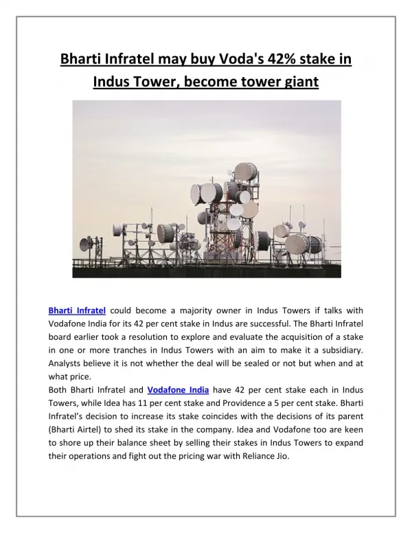 Bharti Infratel May Buy Voda's 42% Stake in Indus Tower, Become Tower Giant
