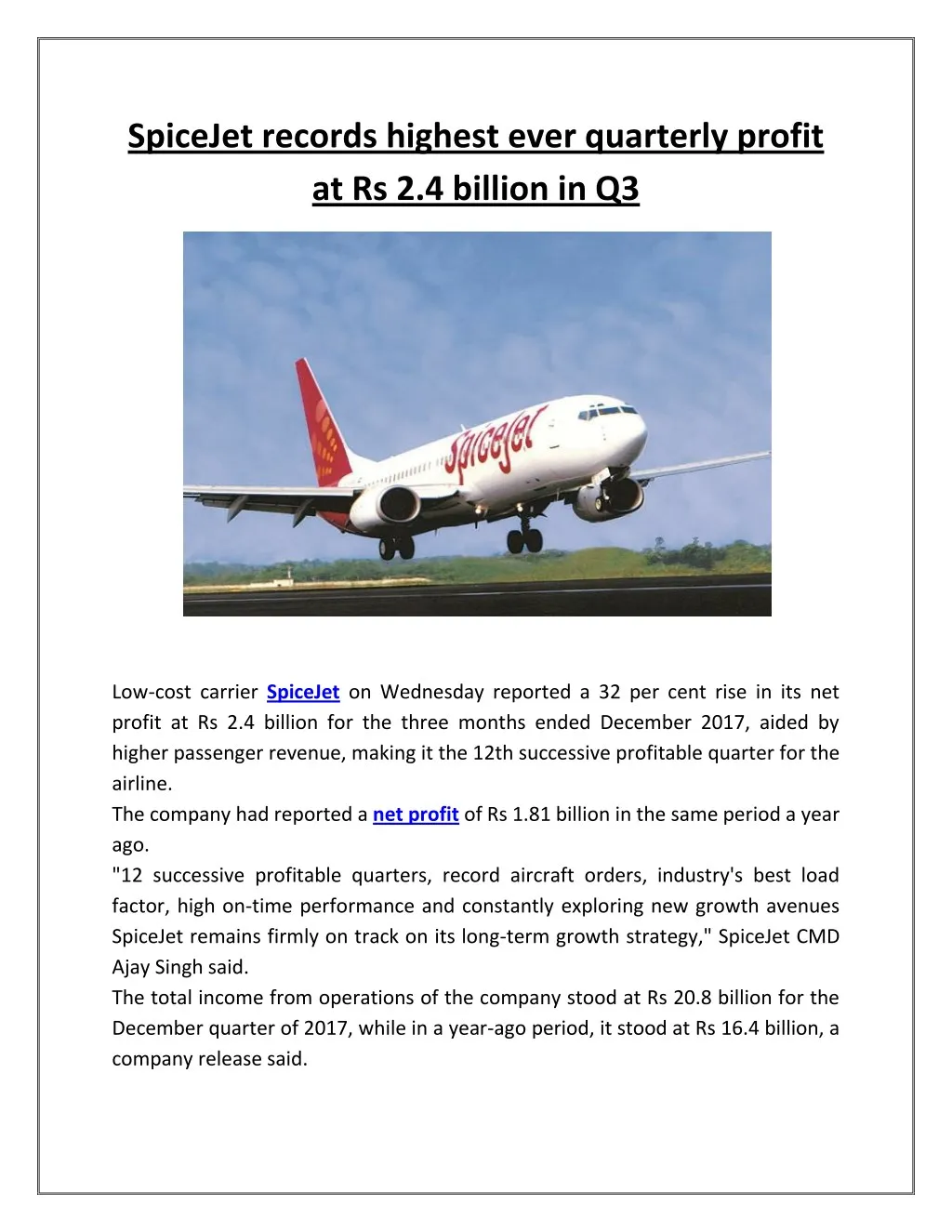 spicejet records highest ever quarterly profit