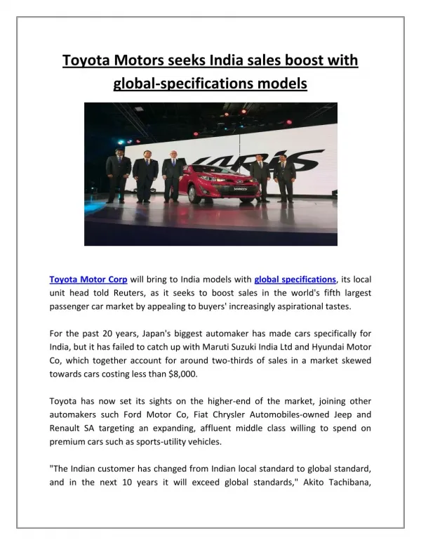 Toyota motors seeks india sales boost with global specifications models