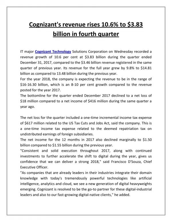 Cognizant's revenue rises 10.6% to $3.83 billion in fourth quarter
