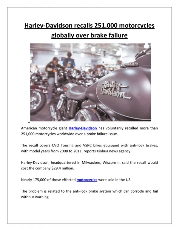 Harley-Davidson recalls 251,000 motorcycles globally over brake failure