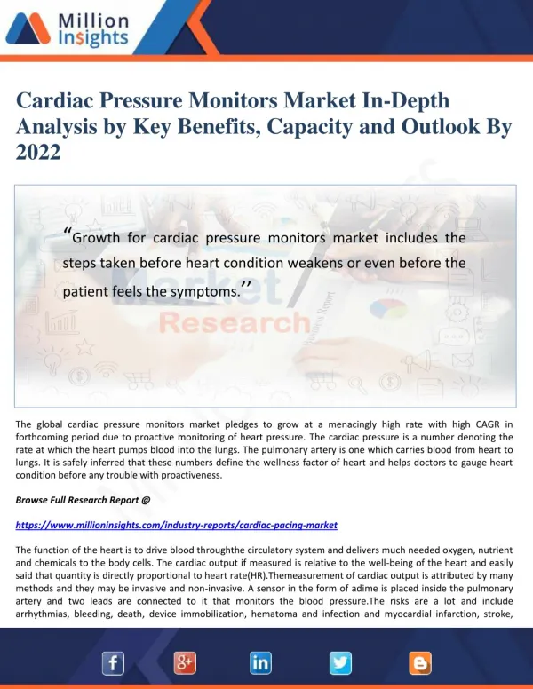 Cardiac Pressure Monitors Market In-Depth Analysis by Key Benefits, Capacity and Outlook By 2022