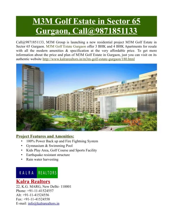 M3M Golf Estate in Sector 65 Gurgaon