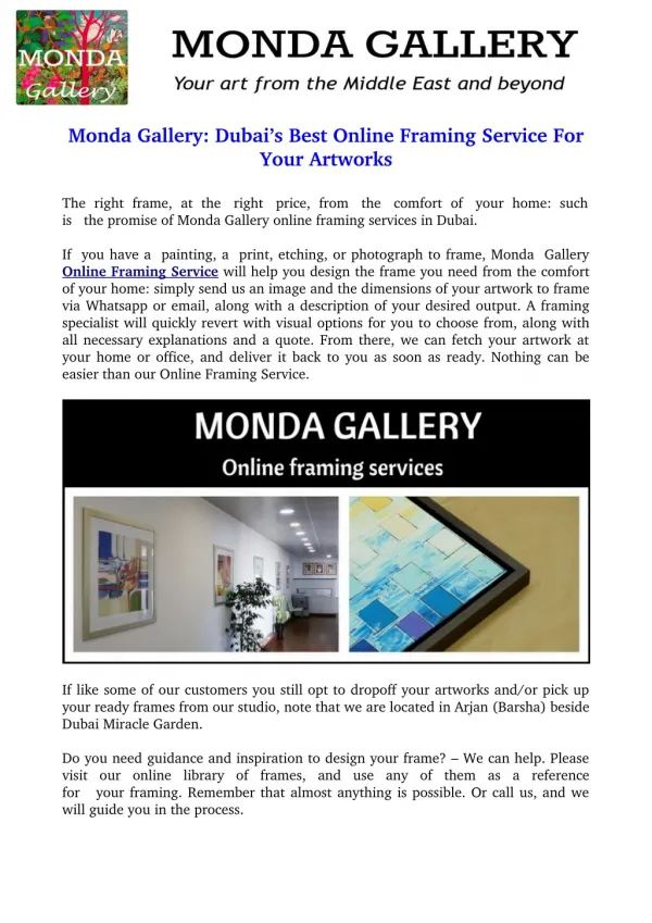 Monda Gallery: Dubai’s Best Online Framing Service For Your Artworks