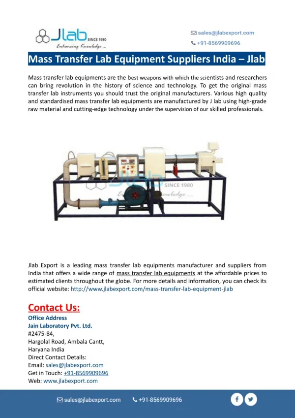 Mass Transfer Lab Equipment Suppliers India–Jlab