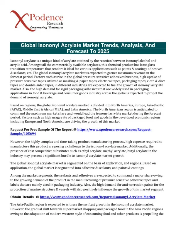 Explore Isononyl Acrylate Market Global forecast to 2025