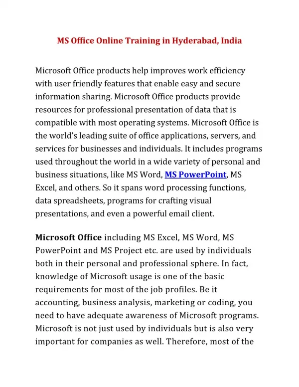 Ms Office Training in Hyderabad, India