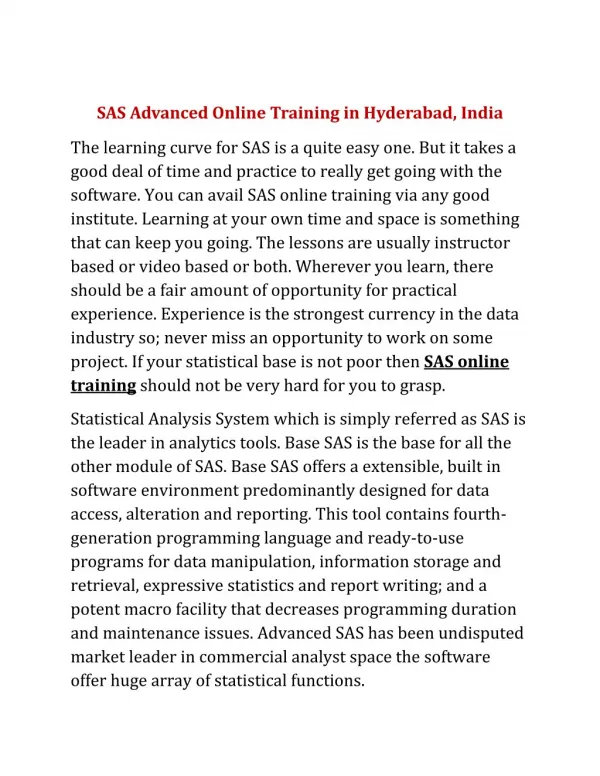 SAS Online Training Hyderabad, India